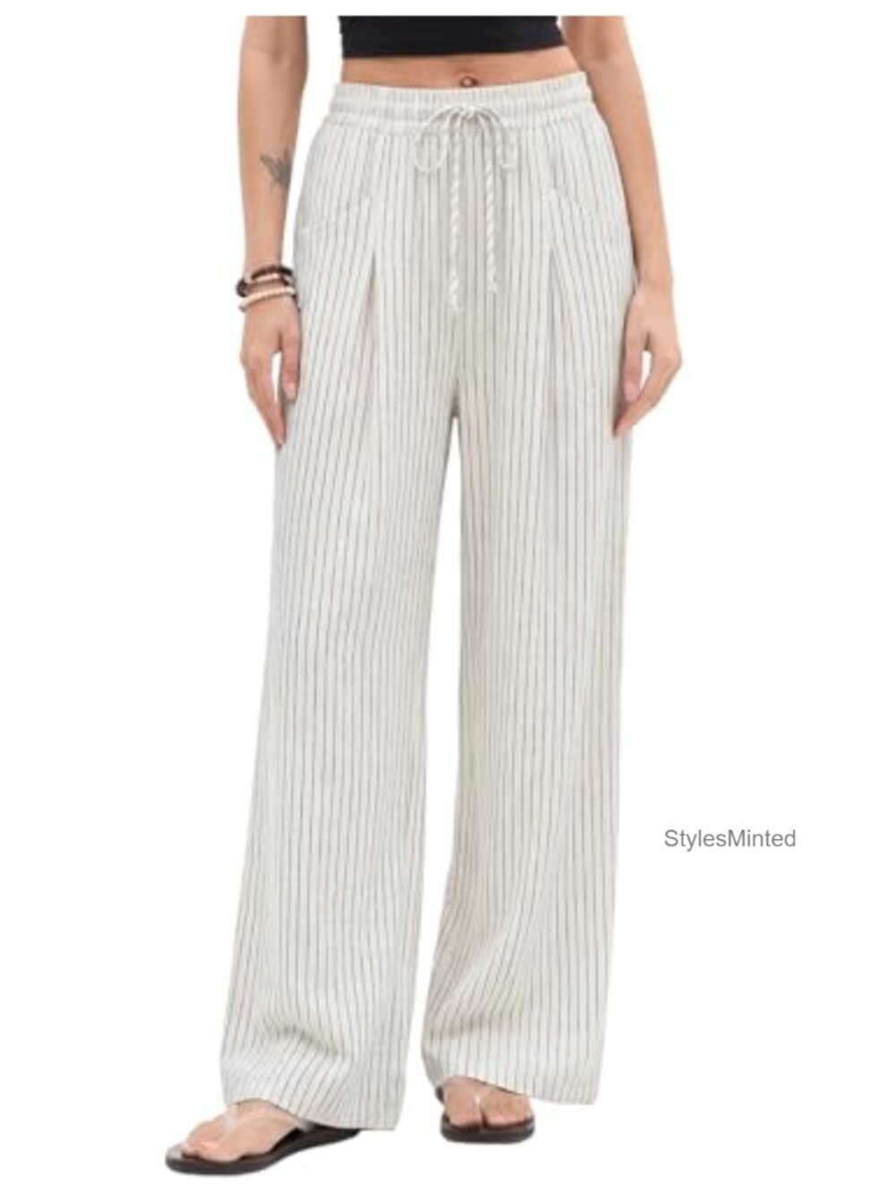 Linen Cotton Palazzo Pants High Waisted Wide Leg Pleated Drawstring